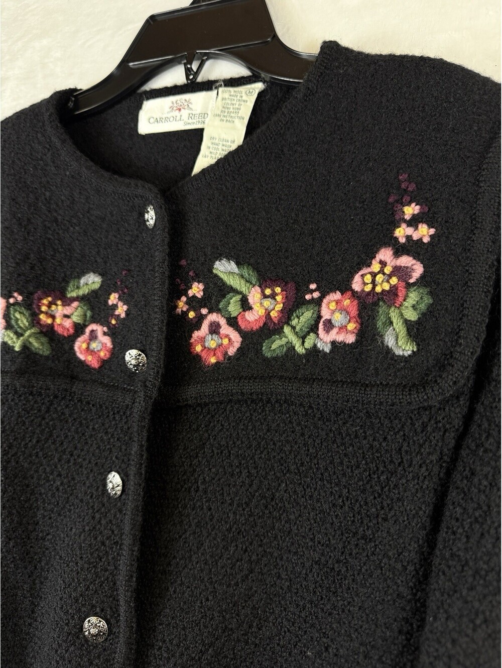 Carroll Reed Wool Cardigan Medium Black Embroidered Flowers Vintage